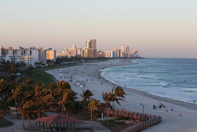 Miami South Beach in the sunset with skyline