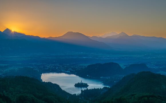 Sunrise over lake Bled in Slovenia