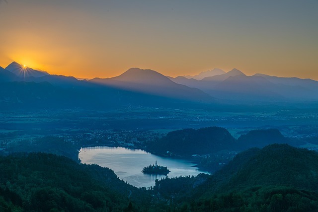 Sunrise over lake Bled in Slovenia